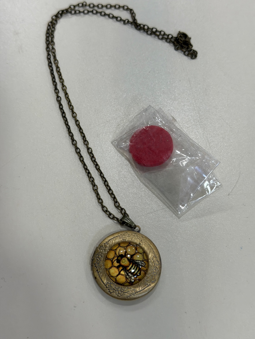 Vintage Brass Locket Necklace with Yellow Enamel bee Accent with perfume pad